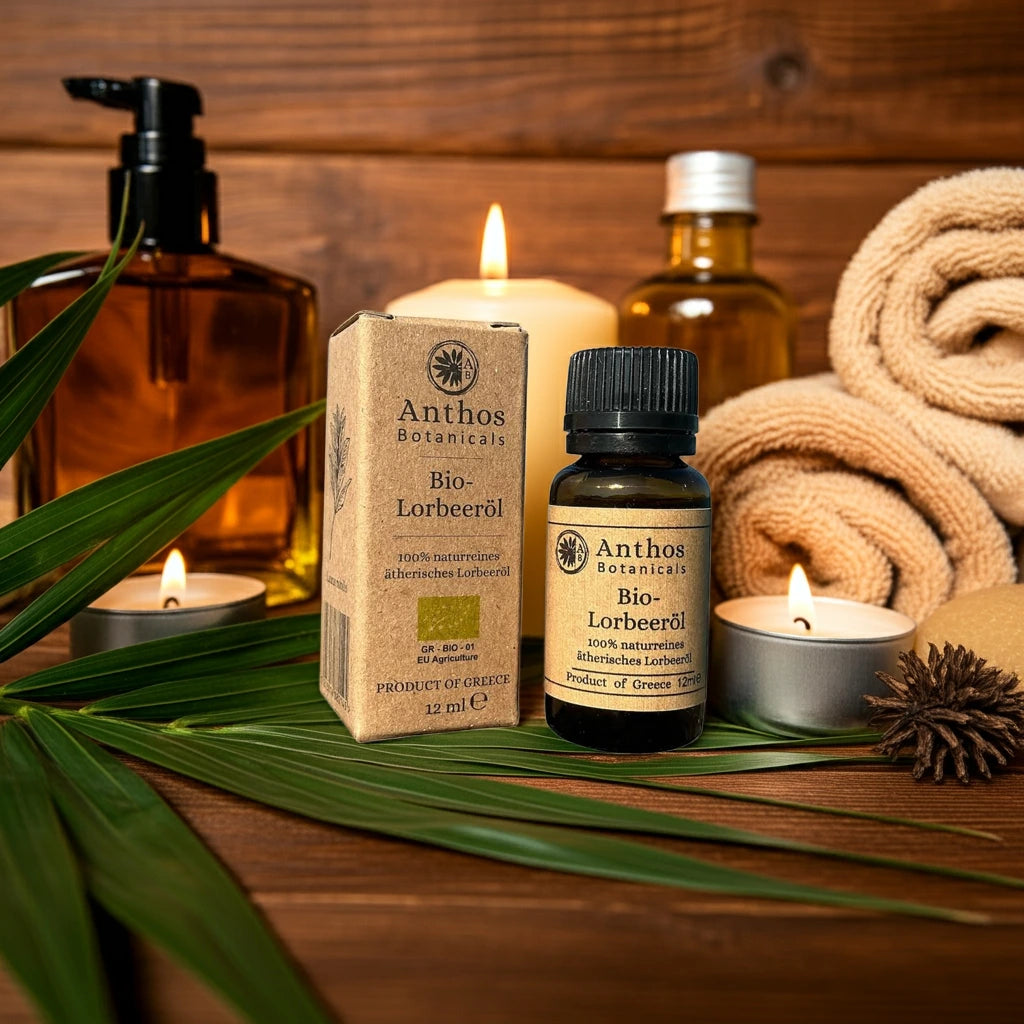 Ein braunes Glasfläschen mit Lorbeeröl & brauner Kraftverpackung auf einem Palmenblatt & weiteren SPA-Utensilien.