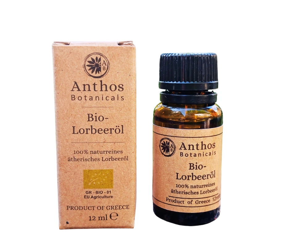 Kraftverpackung und Braunglasflasche mit ätherischem Lorbeeröl Bio