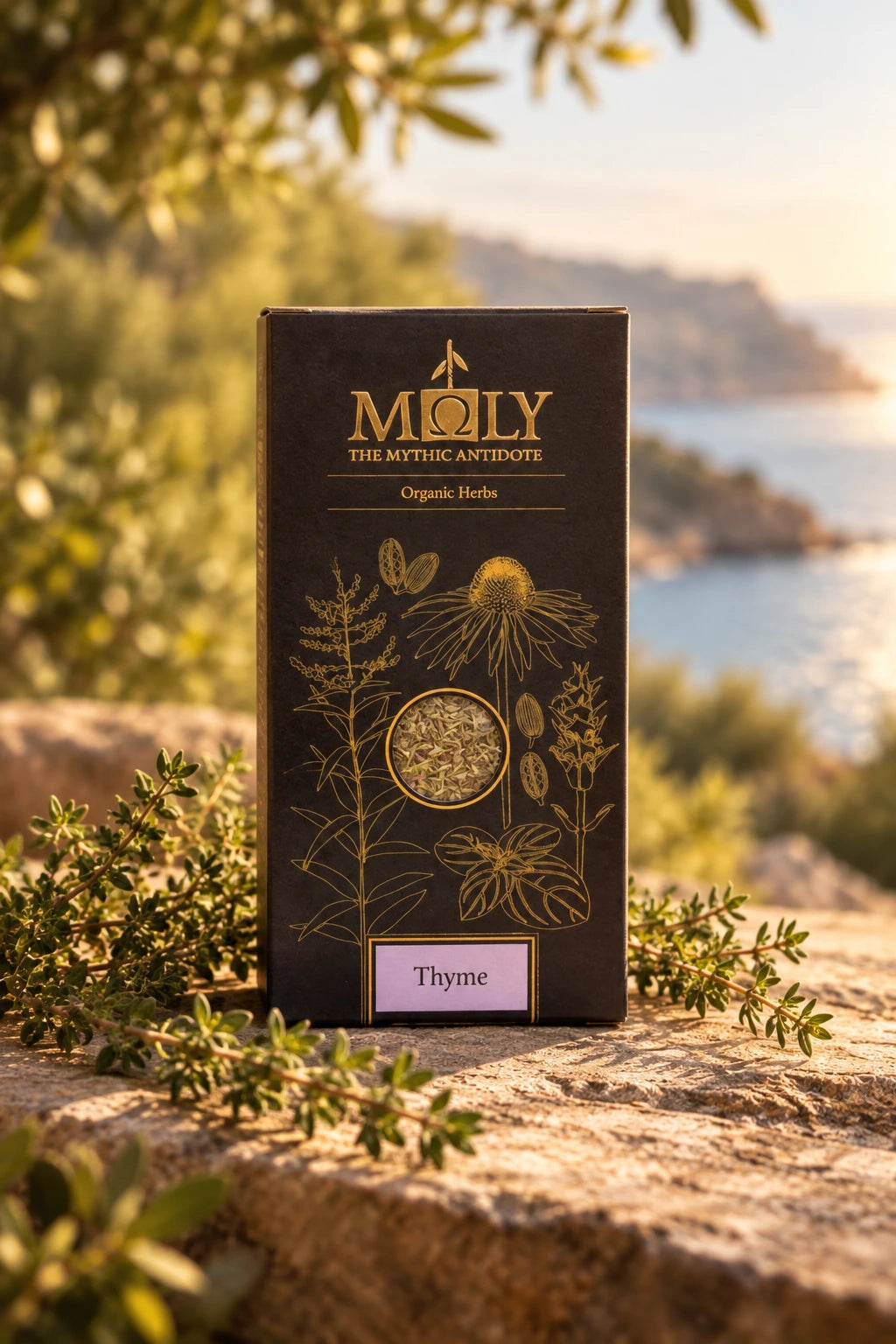 Eine schwarze Moly Verpackung mit Thymian Bio am Mittelmeer.