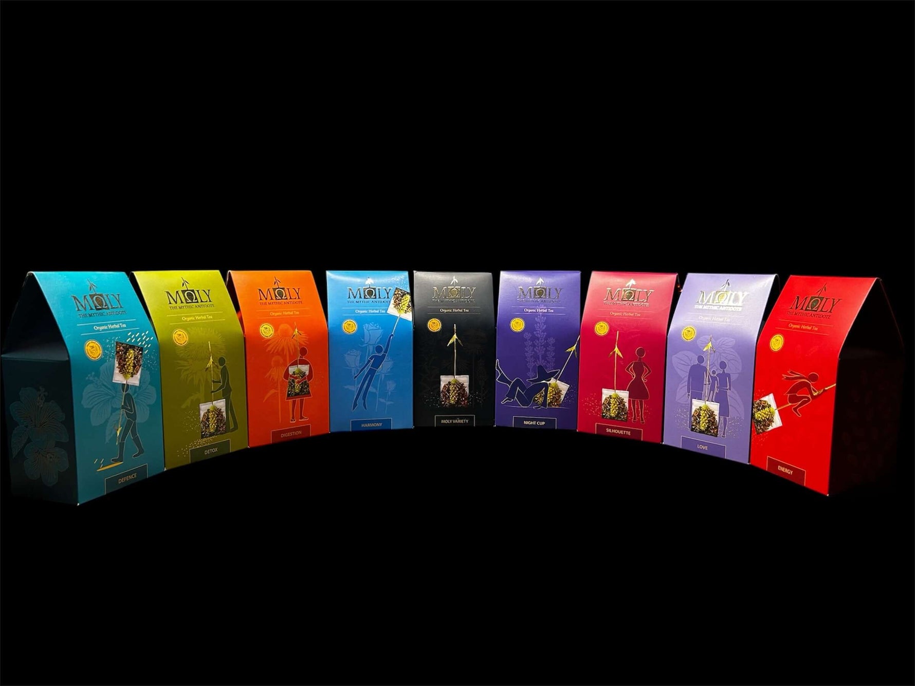 Die Kollektion der acht Kräutertees von MOLY und der Zusammenstellung als Geschenkbox (Variety) vor einem schwarzen Hintergrund.