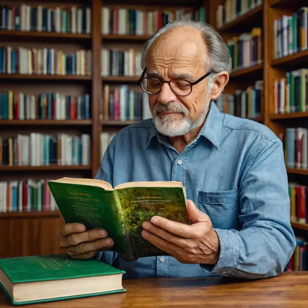 Ein älterer Mann sitzt in einer Bibliothek und liest ein Buch.