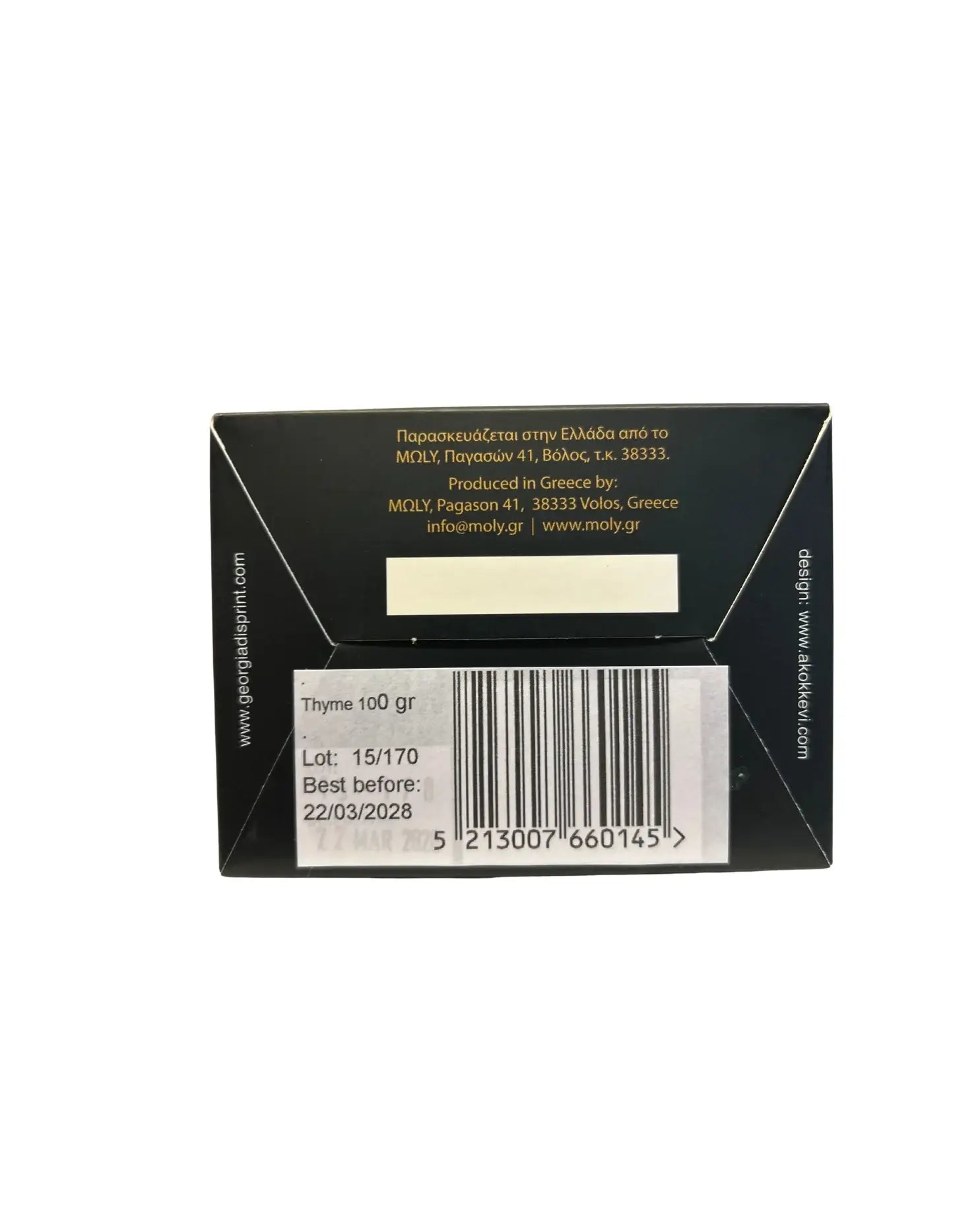 Unterseite der Moly Verpackung mit biologischem Thymian.