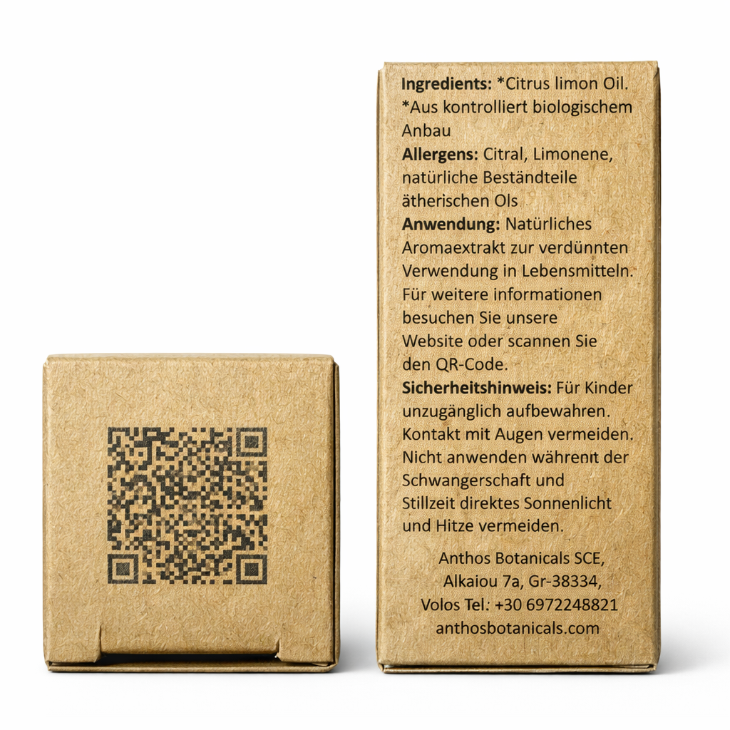 Oberseite mit qr-code und Rückseite der Kraftverpackung des ätherischen Zitronenöls von Anthos Botanicals.