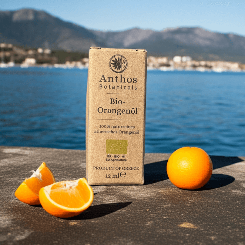 Eine braune Kraftverpackung mit ätherischem Orangenöl Bio auf einem Kai am Meer. Im Hintergrund das Peliongebirge.