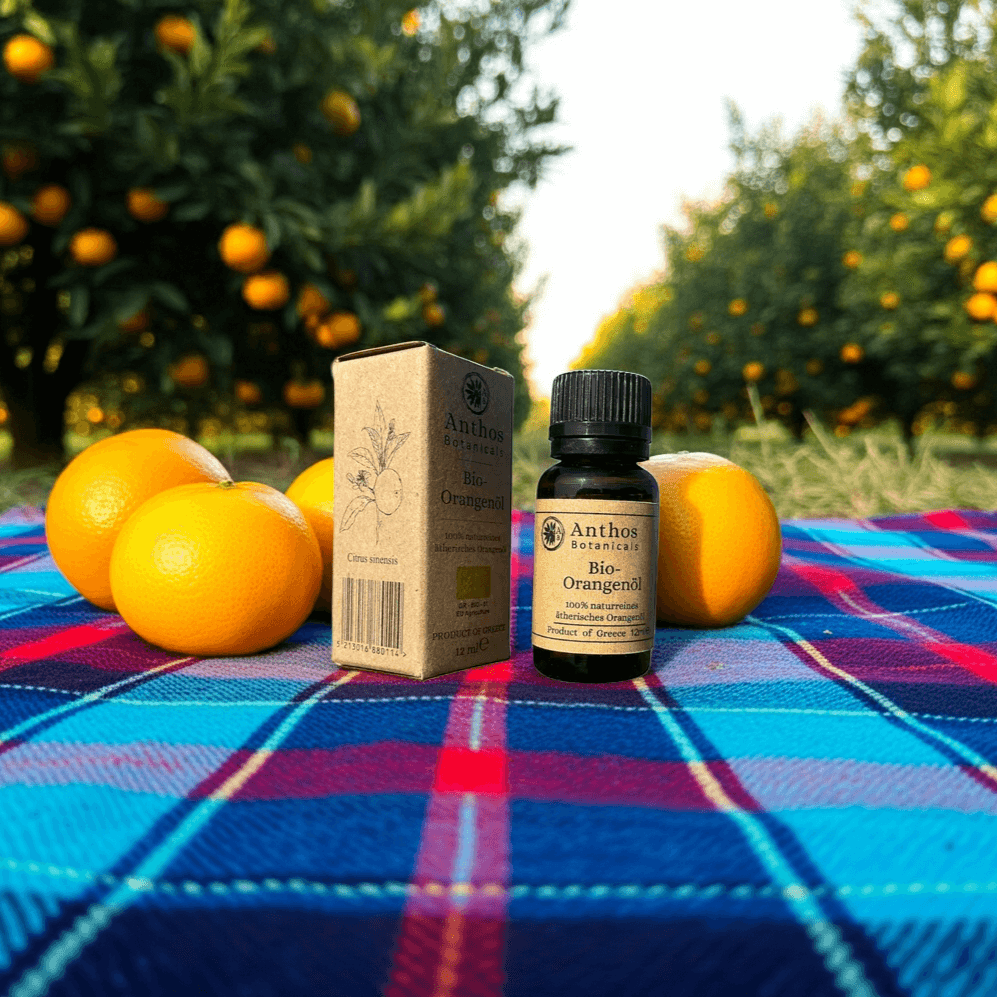 Eine Braunglasflasche mit ätherischem Orangenöl Bio neben seiner braunen Verpackung aus Kraftpapier in einem Orangenhain. 