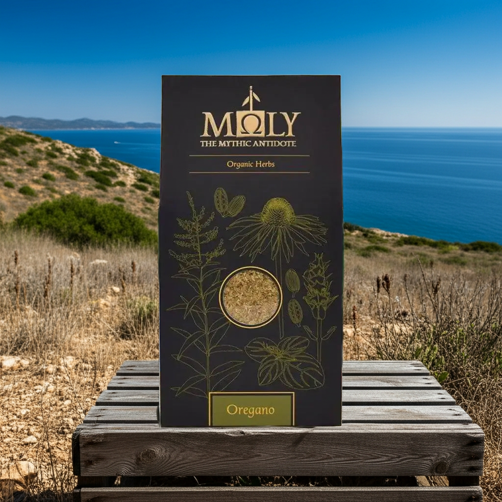 Eine schwarze Verpackung von Moly mit Oregano Bio auf einer alten Holzkiste in hügeliger Landschaft. Im Hintergrund ist das Meer zu sehen.