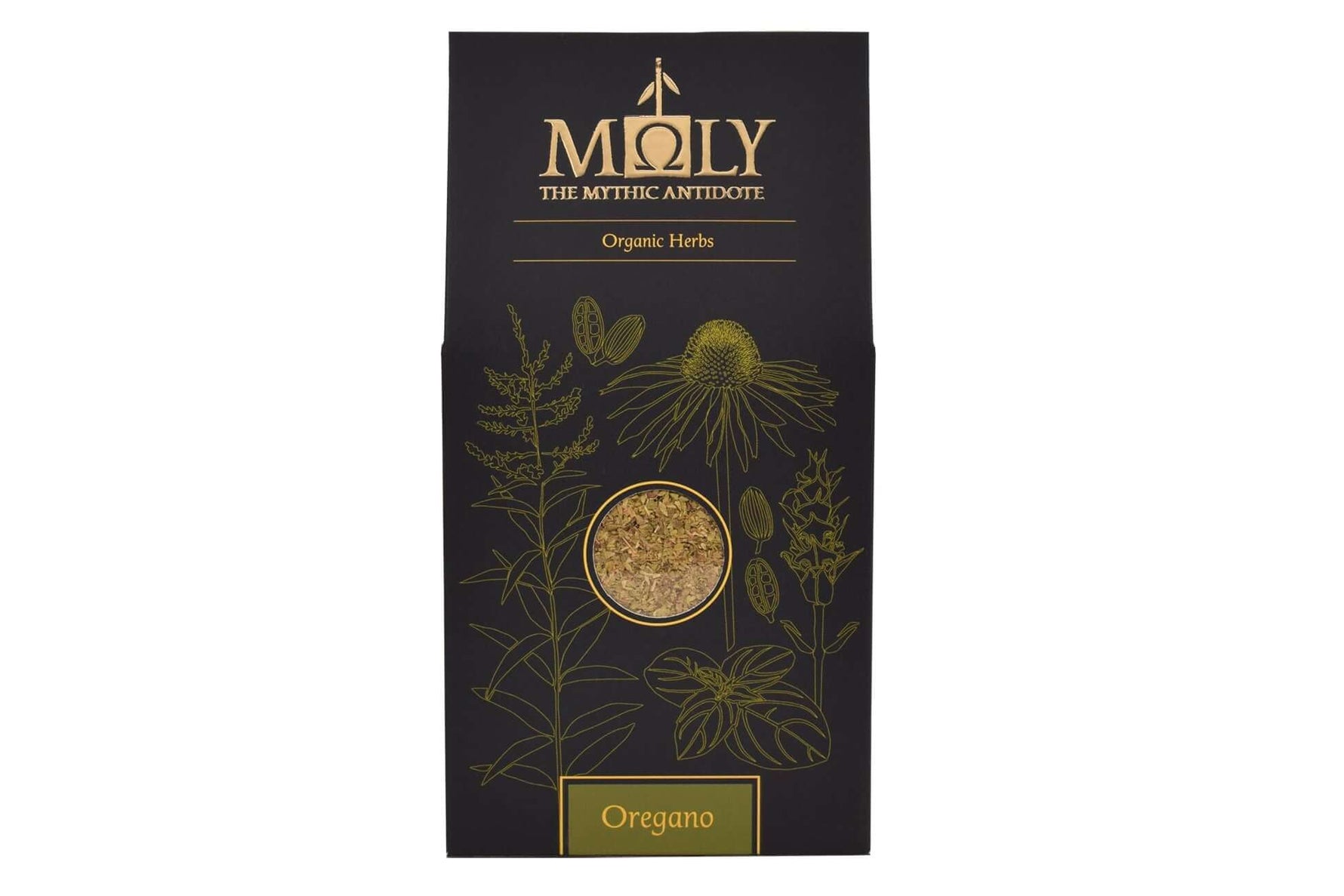 Eine schwarze Verpackung mit goldener Schrift sowie aufgedruckten Pflanzen. Ein Sichtfenster ist vorhanden und man erkennt Oregano BIO -Kräuter. 