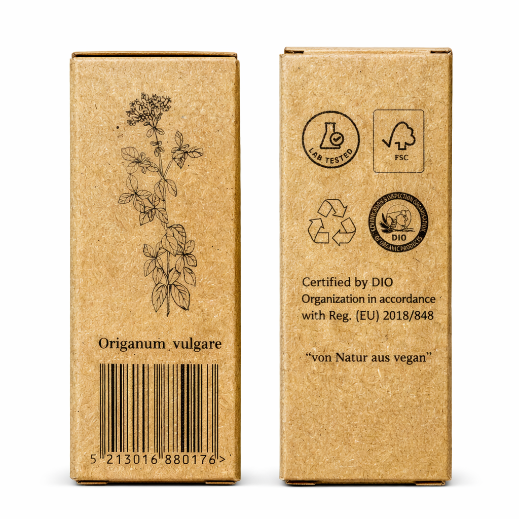 Seitenansichten der Kraftverpackung des ätherischen Oreganoöls von Anthos Botanicals
