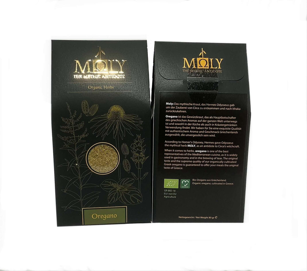 Zwei schwarze Verpackungen mit goldener  Schrift sowie aufgedruckten Pflanzen. Ein Sichtfenster ist vorhanden und man erkennt Oregano BIO -Kräuter. 