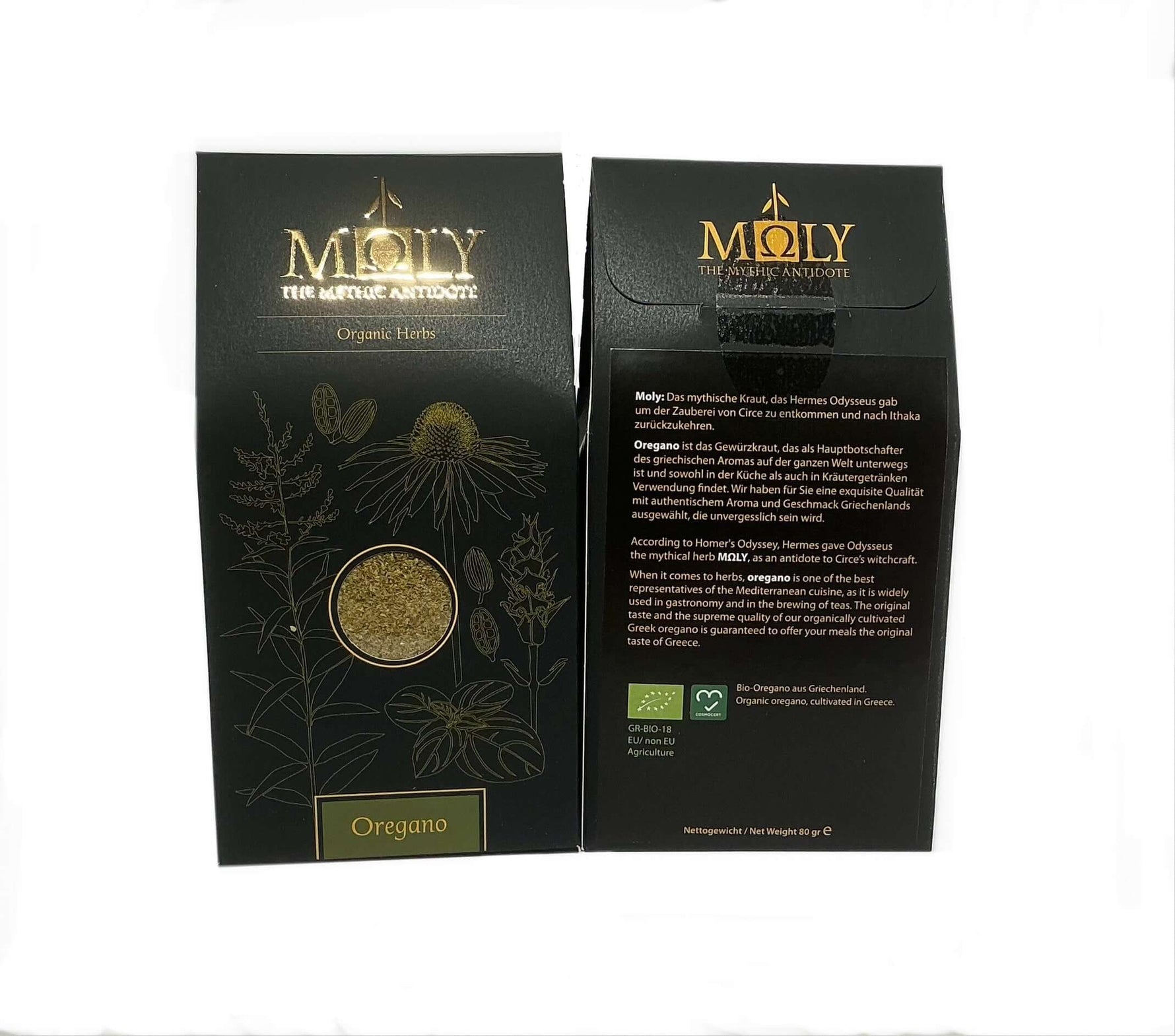 Zwei schwarze Verpackungen mit goldener  Schrift sowie aufgedruckten Pflanzen. Ein Sichtfenster ist vorhanden und man erkennt Oregano BIO -Kräuter. 