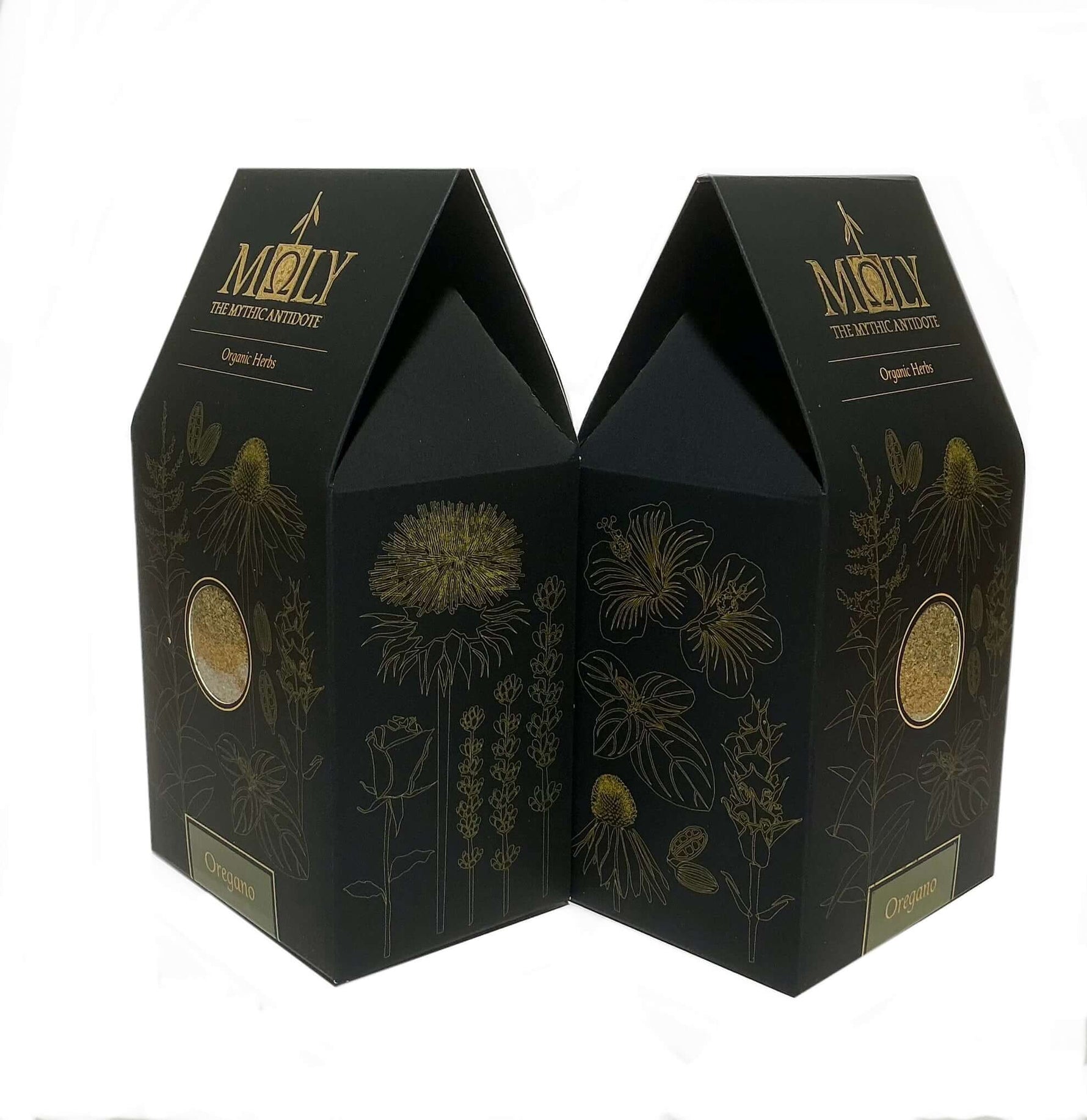 Zwei schwarze Verpackungen mit goldener Schrift sowie aufgedruckten Pflanzen. Ein Sichtfenster ist vorhanden und man erkennt Oregano BIO-Kräuter. 