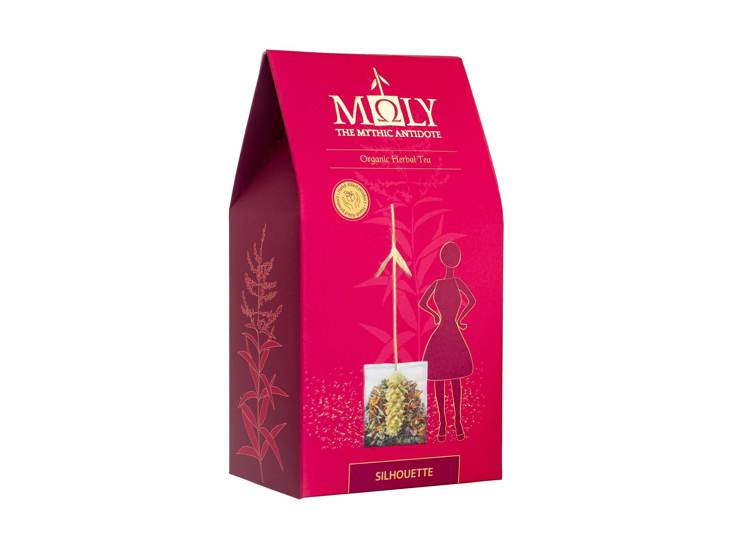 Eine rote Verpackung des MOLY Silhouette Bio. Zentral ist ein Bild aufgedruckt, welches einen Teebeutel mit Inhalt zeigt aus dem der Stengel der Sideritis scardia (griechischer Bergtee) herausragt und  eine gezeichnete weibliche Person rechts daneben steht. 