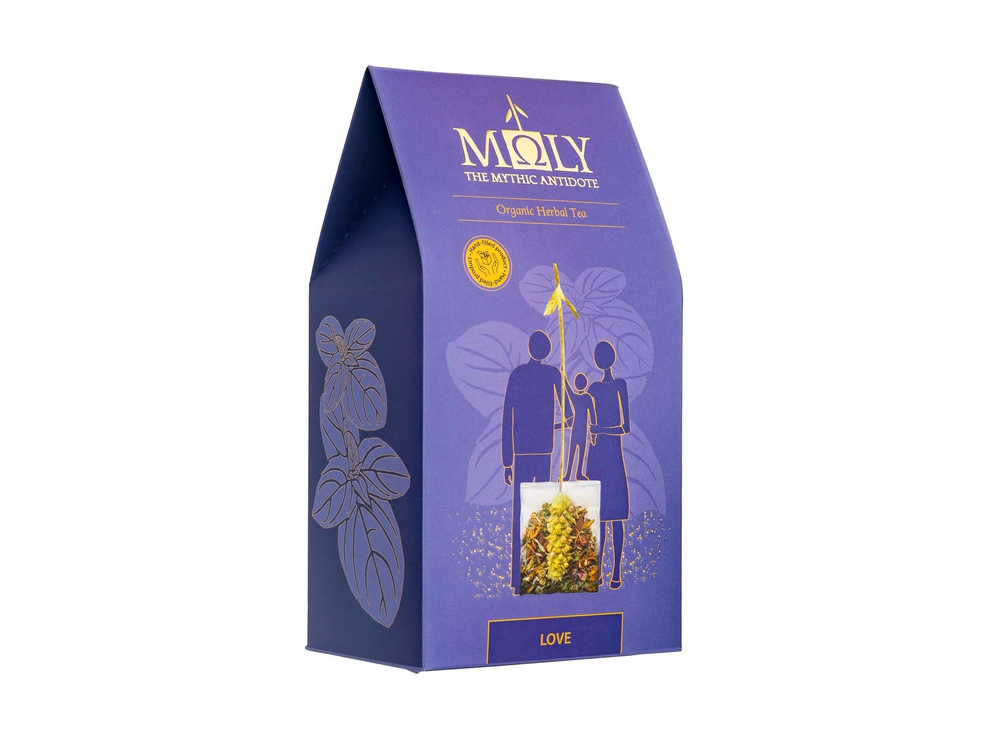 Eine lila Verpackung des MOLY Love BIO. Zentral ist ein Bild aufgedruckt, welches einen Teebeutel mit Inhalt zeigt aus dem der Stengel der Sideritis scardia (griechischer Bergtee) herausragt und dieser von einem Pärchen gehalten wird.