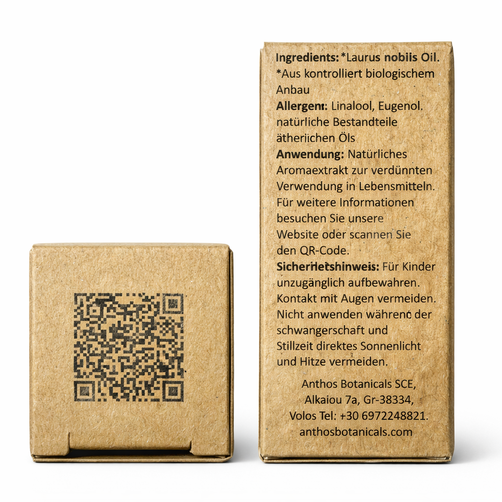 Oberseite mit qr-code und rückseite der Kraftverpackung des Lorbeeröls von Anthos Botanicals