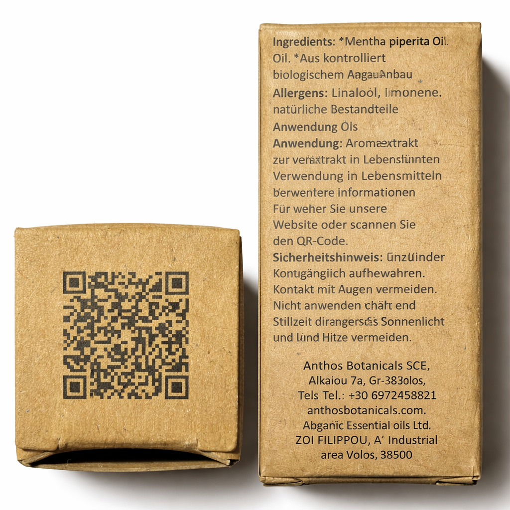Oberseite mit qr-code und Rückseite mit Informationen des ätherischen Pfefferinzöl Bio 12 ml von Anthos Botanicals.