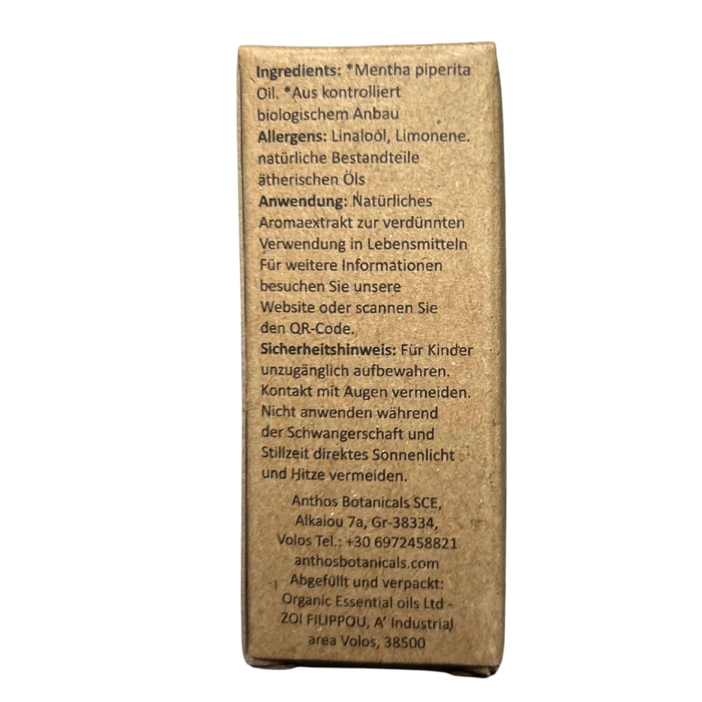 Rückseitenansicht der Kraftverpackung des ätherischen Pfefferminzöls von Anthos Botanicals.