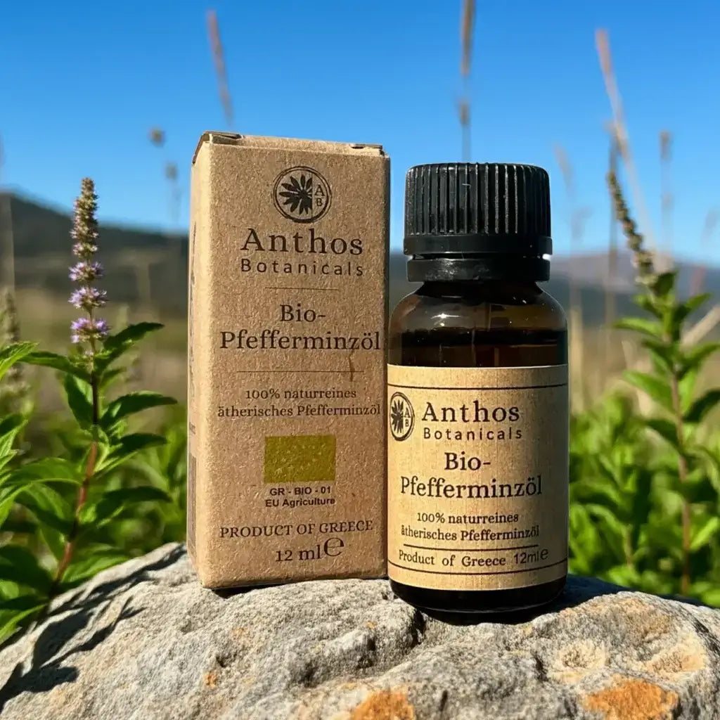 Pfefferminzöl BIO 12ml - Lebensmittelzertifiziert in Glasflasche mit Verpackung, natürliche ätherische Öle von Anthos Botanicals.