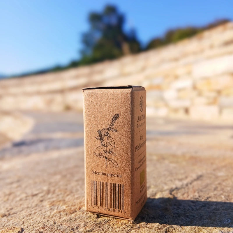 Pfefferminzöl BIO 12ml - Lebensmittelzertifiziert Verpackung mit Mentha piperita Illustration auf Steinuntergrund.