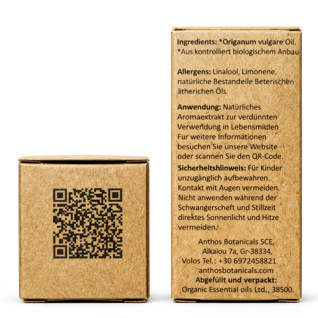 Obe- und Rückseite der Kraftverpackung des ätherischen Oreganoöls von Anthos Botanicals