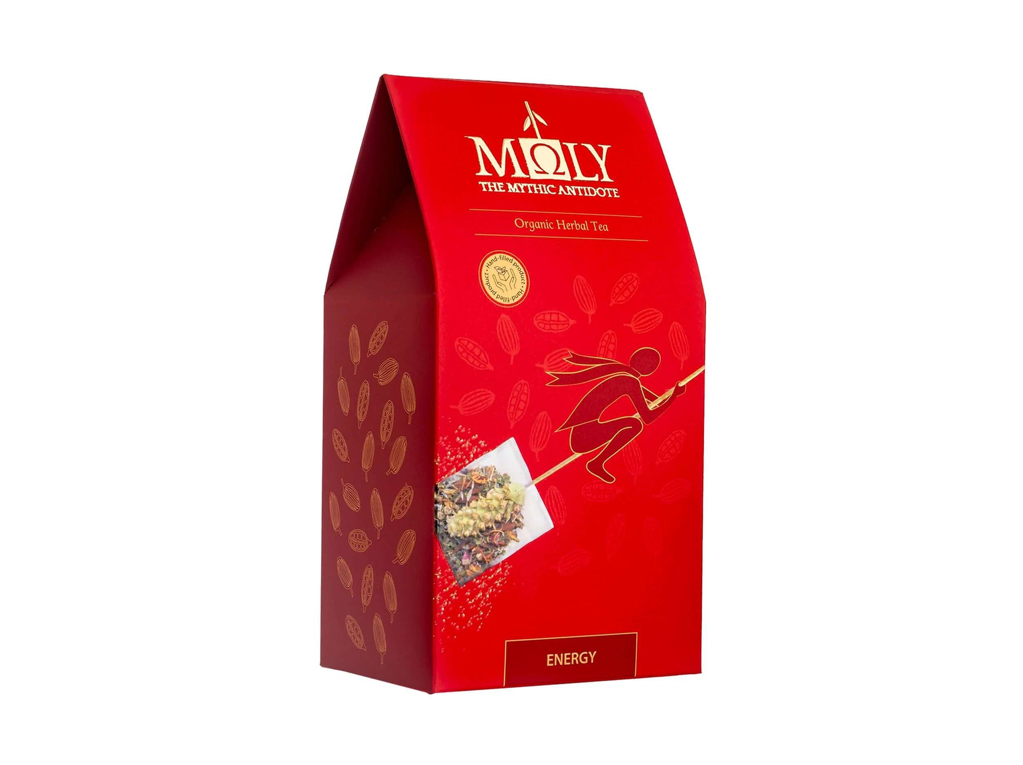 Eine rote Verpackung des Moly Energy Bio sowie aufgedruckten Pflanzen. Zentral ist Bild aufgedruckt, welches einen Teebeutel mit Inhalt zeigt aus dem der Stengel der Sideritis scardia (griechischer Bergtee) herausragt.