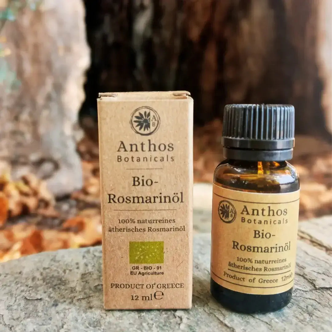 Kraftverpackung und Braunglasflasche mit ätherischem Rosmarinöl auf einer Felsen vor einem Baumstamm.