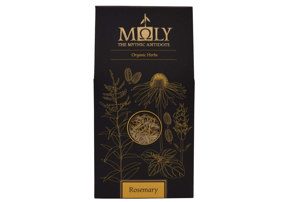 Eine schwarze nach oben hin spitz zulaufende Verpackung mit goldener und gelber Schrift sowie aufgedruckten Pflanzen. Ein Sichtfenster ist vorhanden und man erkennt Rosmarin-Kräuter. 