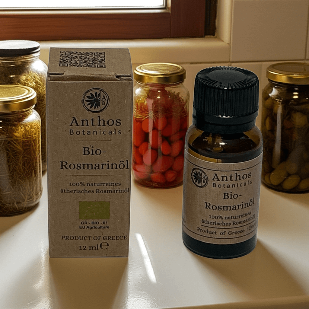 Rosmarinöl BIO 12ml - lebensmittelzertifiziert in der Küche mit Gläsern im Hintergrund.
