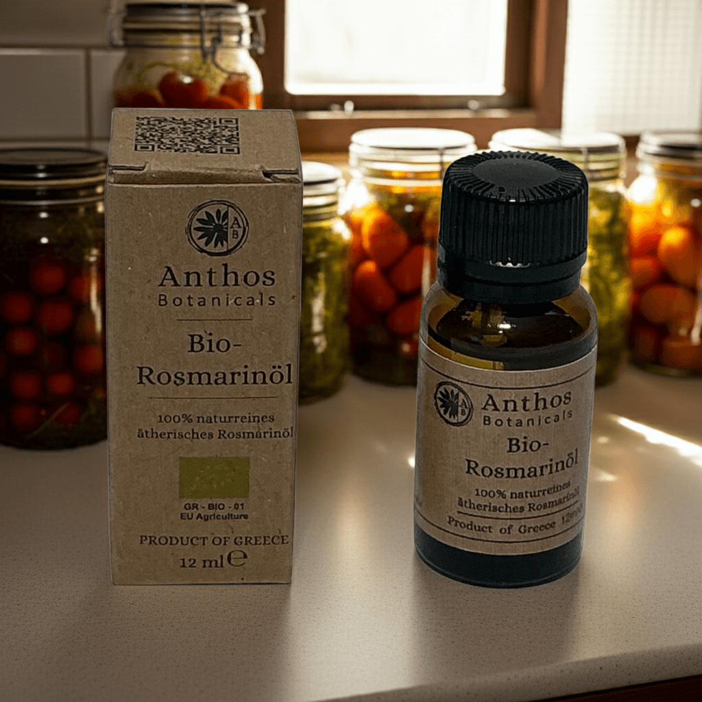 Rosmarinöl BIO 12ml - lebensmittelzertifiziert in einer Flasche mit Verpackung auf Holzregal.