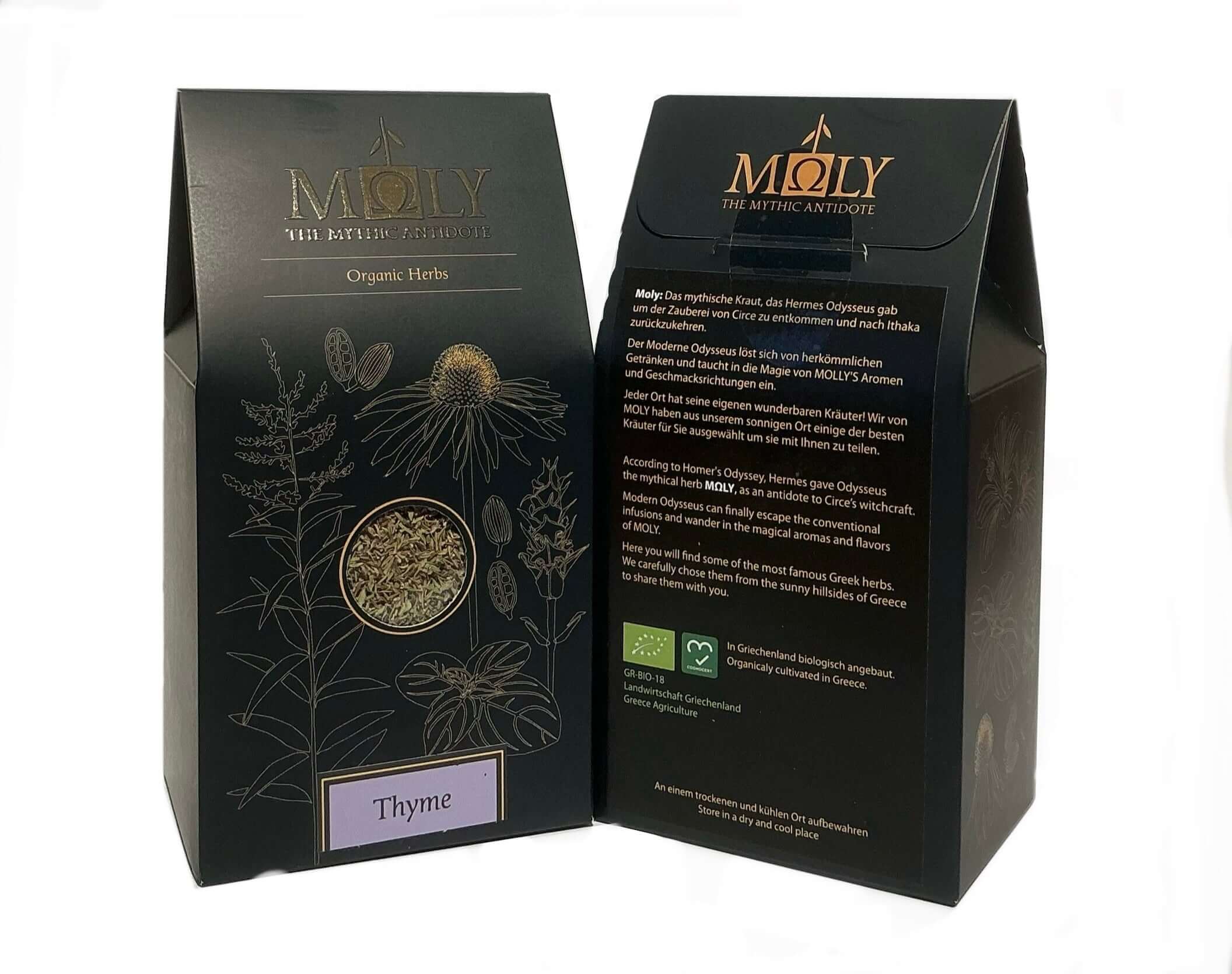 Zwei schwarze Verpackungen mit goldener Schrift mit Thymian. 