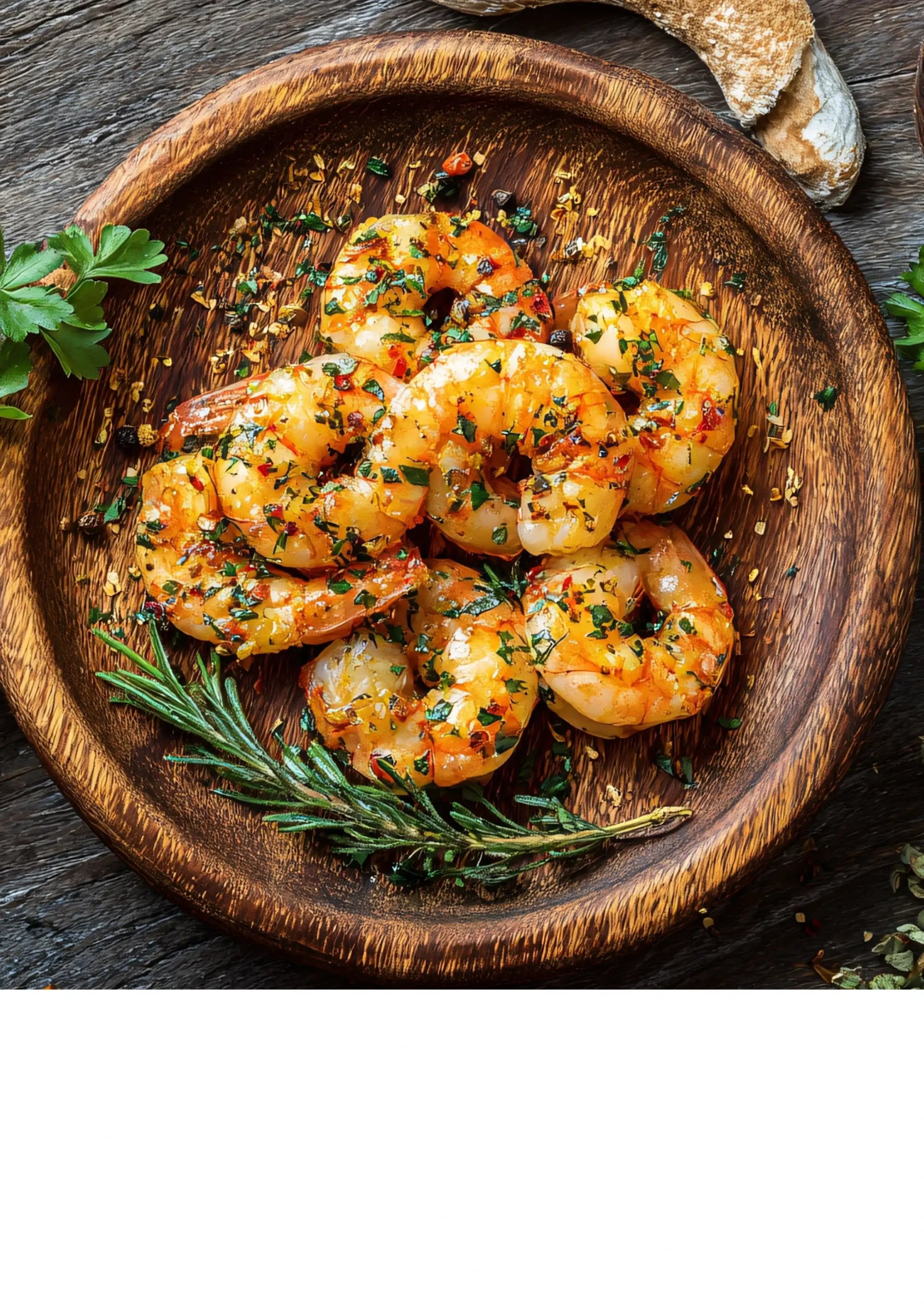 Gambas auf einem Holzteller mit Thymian- und Rosmarinkräuter