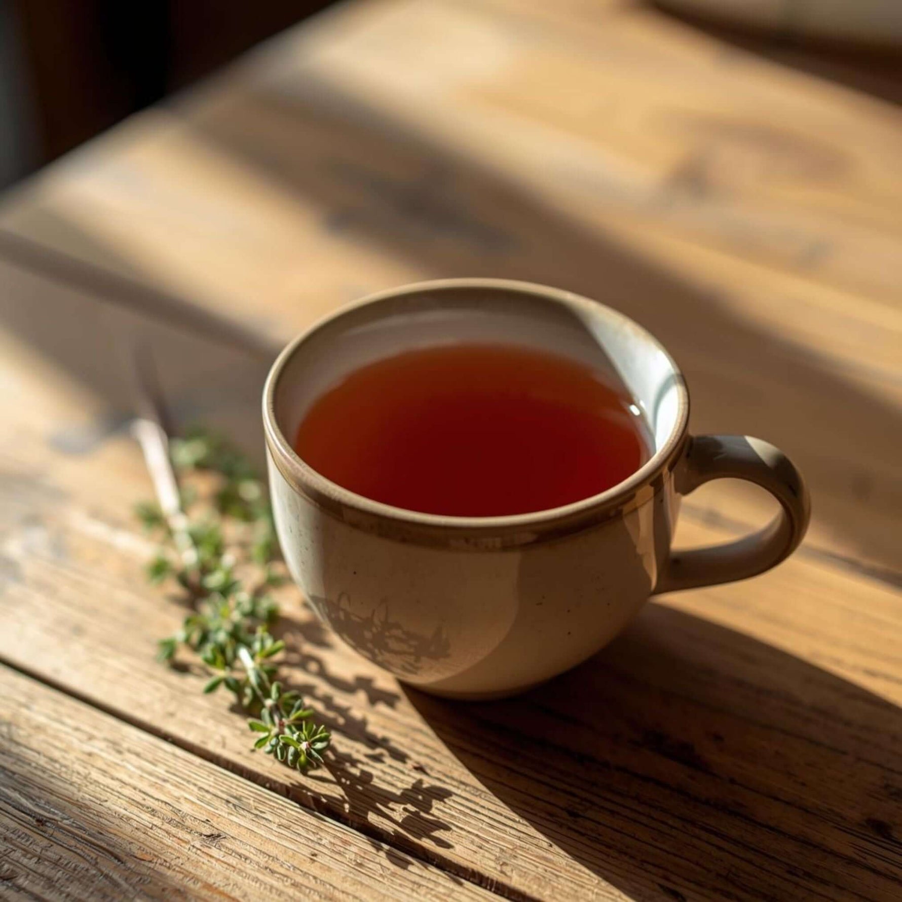 Eine Keramiktasse mit Thymiantee auf einem Tisch. Thymianzweig liegt daneben.