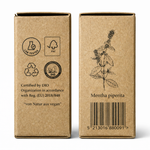 Seitenansicht der Kraftverpackung des Pfefferminzöl BIO 12ml - Lebensmittelzertifiziert von Anthos Botanicals mit Mentha piperita Illustration und Zertifizierungen.