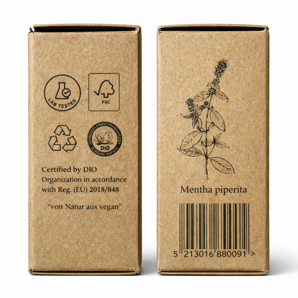 Seitenansicht der Kraftverpackung des Pfefferminzöl BIO 12ml - Lebensmittelzertifiziert von Anthos Botanicals mit Mentha piperita Illustration und Zertifizierungen.