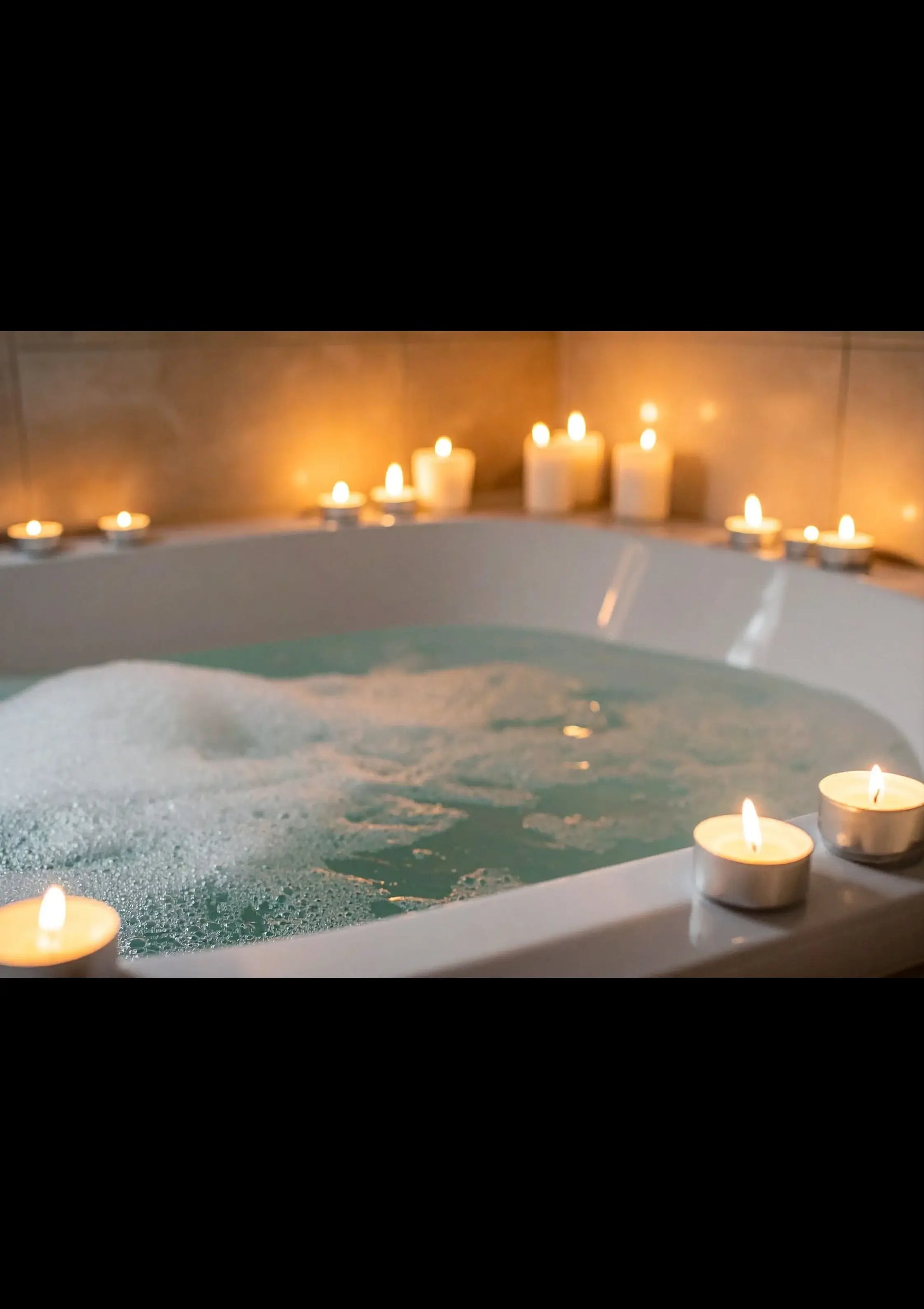 Eine gefüllte Badewanne mit Schaum und Kerzen, die mit Lorbeeröl angereichert wurde
