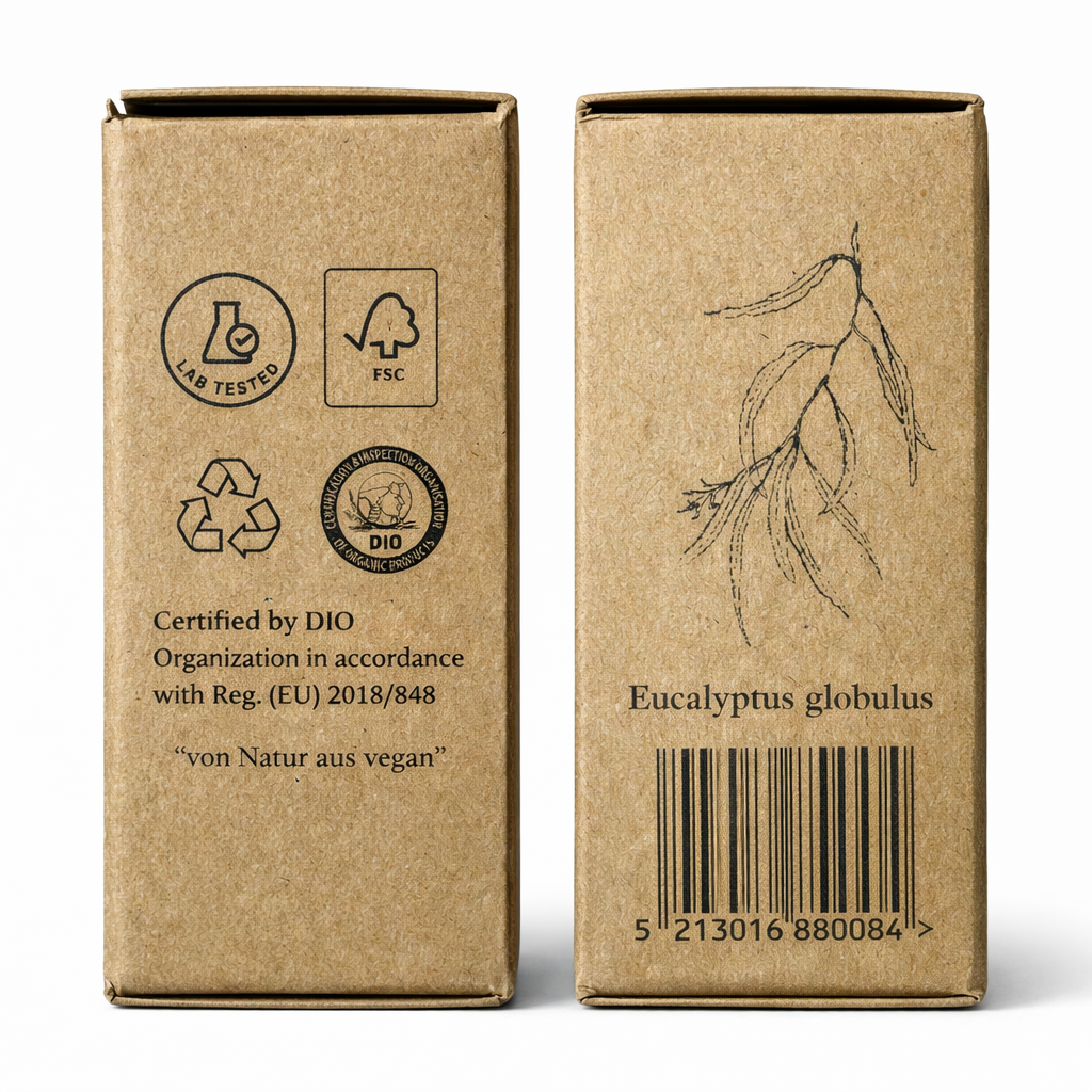 Seitenansicht der Kraftverpackung des Eukalyptusöl BIO 12ml - Lebensmittelzertifiziert von Anthos Botanicals mit Eucalyptus globulus Illustration und Zertifizierungen.