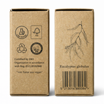 Seitenansicht der Kraftverpackung des Eukalyptusöl BIO 12ml - Lebensmittelzertifiziert von Anthos Botanicals mit Eucalyptus globulus Illustration und Zertifizierungen.