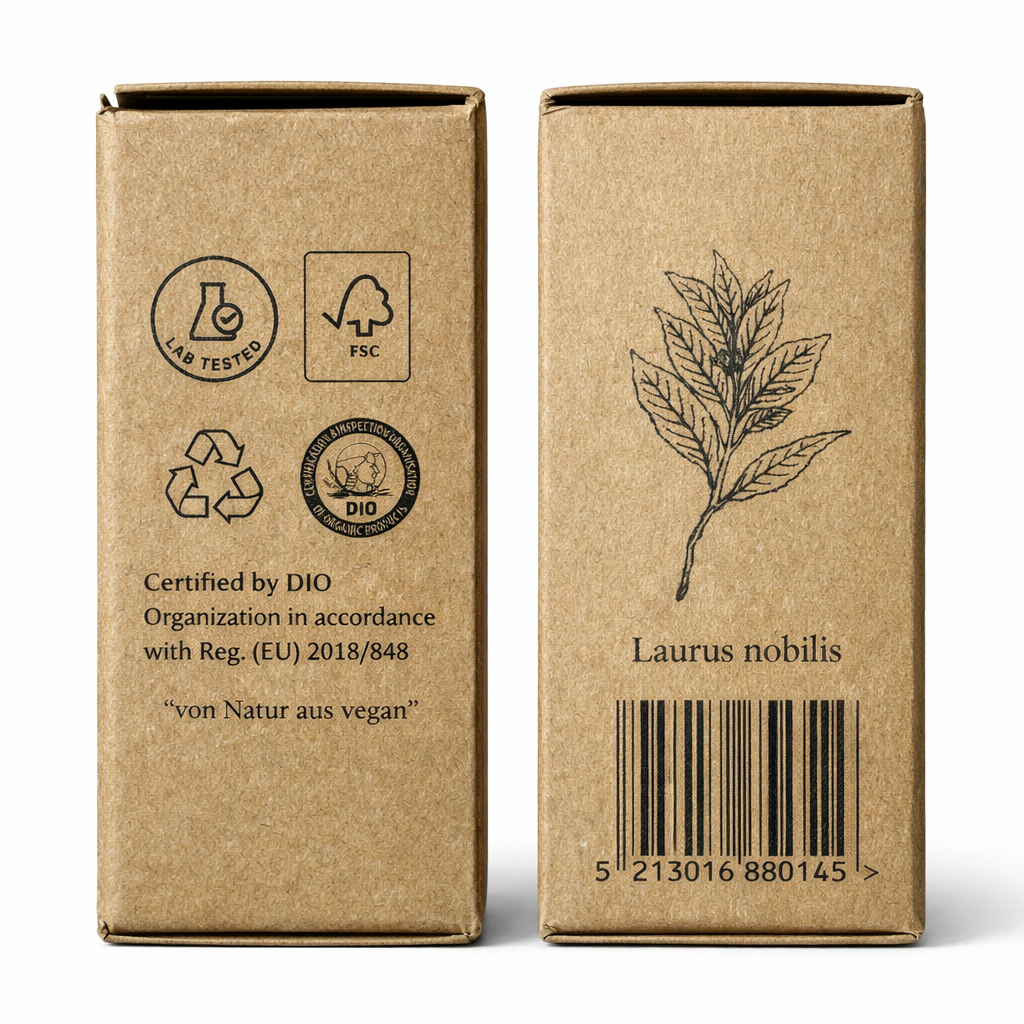 Seitenansicht der Kraftverpackung des Lorbeeröl BIO 12ml - Lebensmittelzertifiziert von Anthos Botanicals mit Laurus nobilis Illustration und Zertifizierungen.