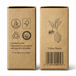 Seitenansicht der Kraftverpackung des Zitronenöls BIO 12ml - Lebensmittelzertifiziert von Anthos Botanicals mit Citrus limon Illustration und Zertifizierungen.