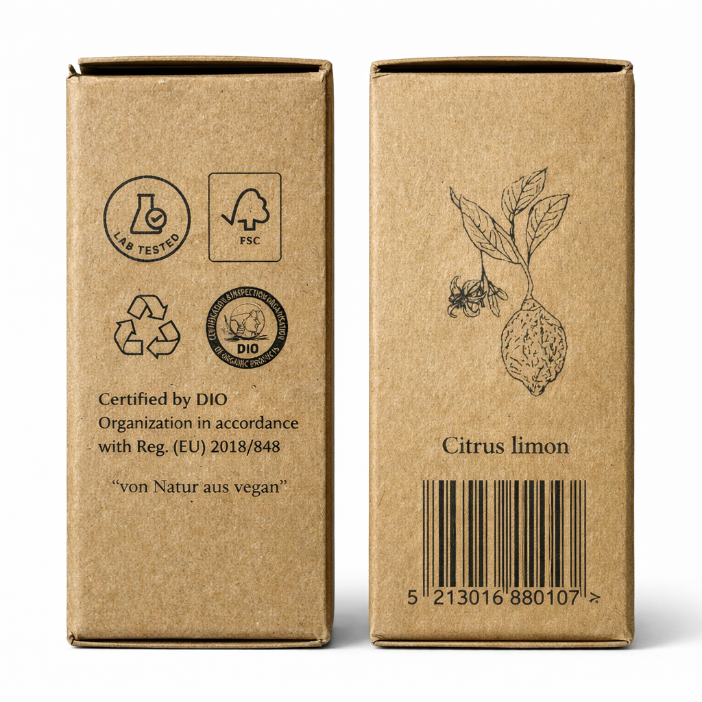 Seitenansicht der Kraftverpackung des Zitronenöls BIO 12ml - Lebensmittelzertifiziert von Anthos Botanicals mit Citrus limon Illustration und Zertifizierungen.