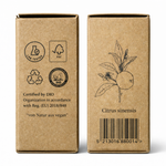 Seitenansicht der Kraftverpackung des Orangenöls BIO 12ml - Lebensmittelzertifiziert von Anthos Botanicals mit Citrus sinensis Illustration und Zertifizierungen.