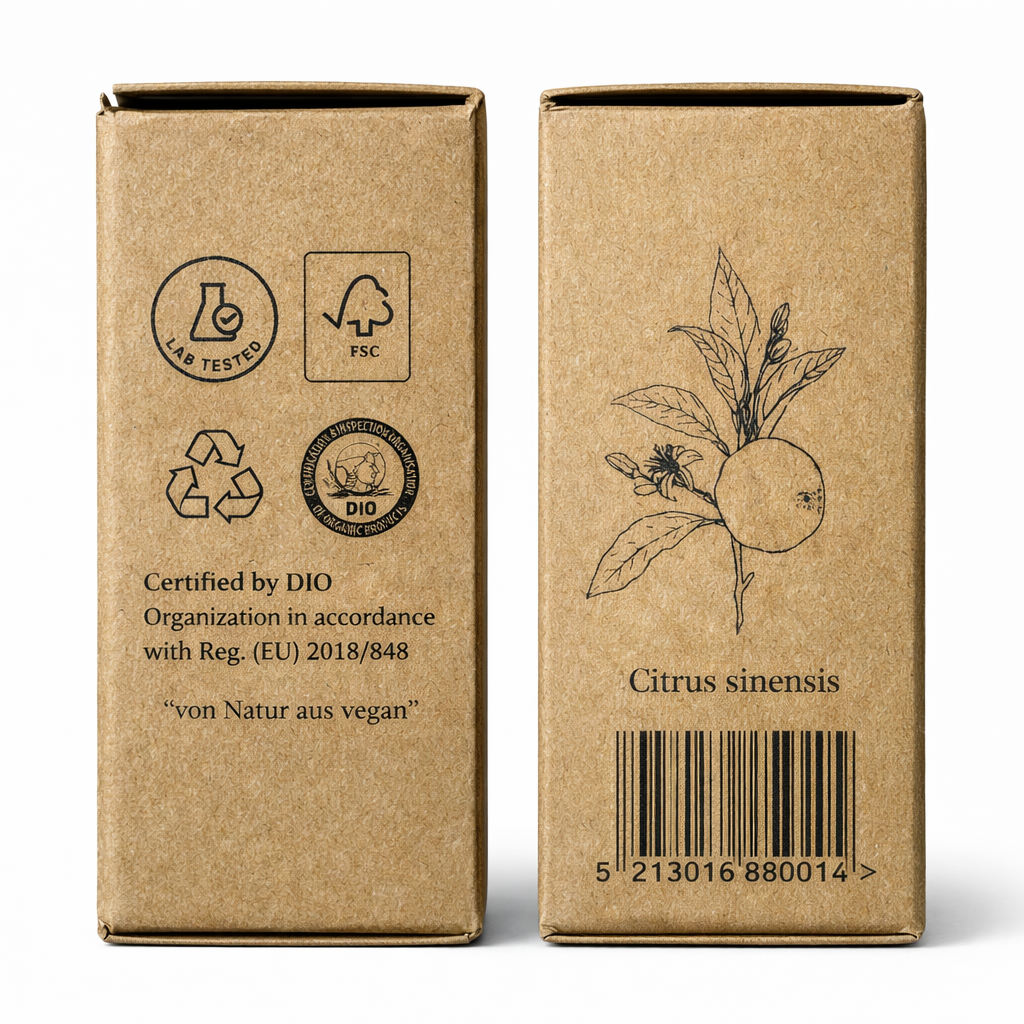 Seitenansicht der Kraftverpackung des Orangenöls BIO 12ml - Lebensmittelzertifiziert von Anthos Botanicals mit Citrus sinensis Illustration und Zertifizierungen.