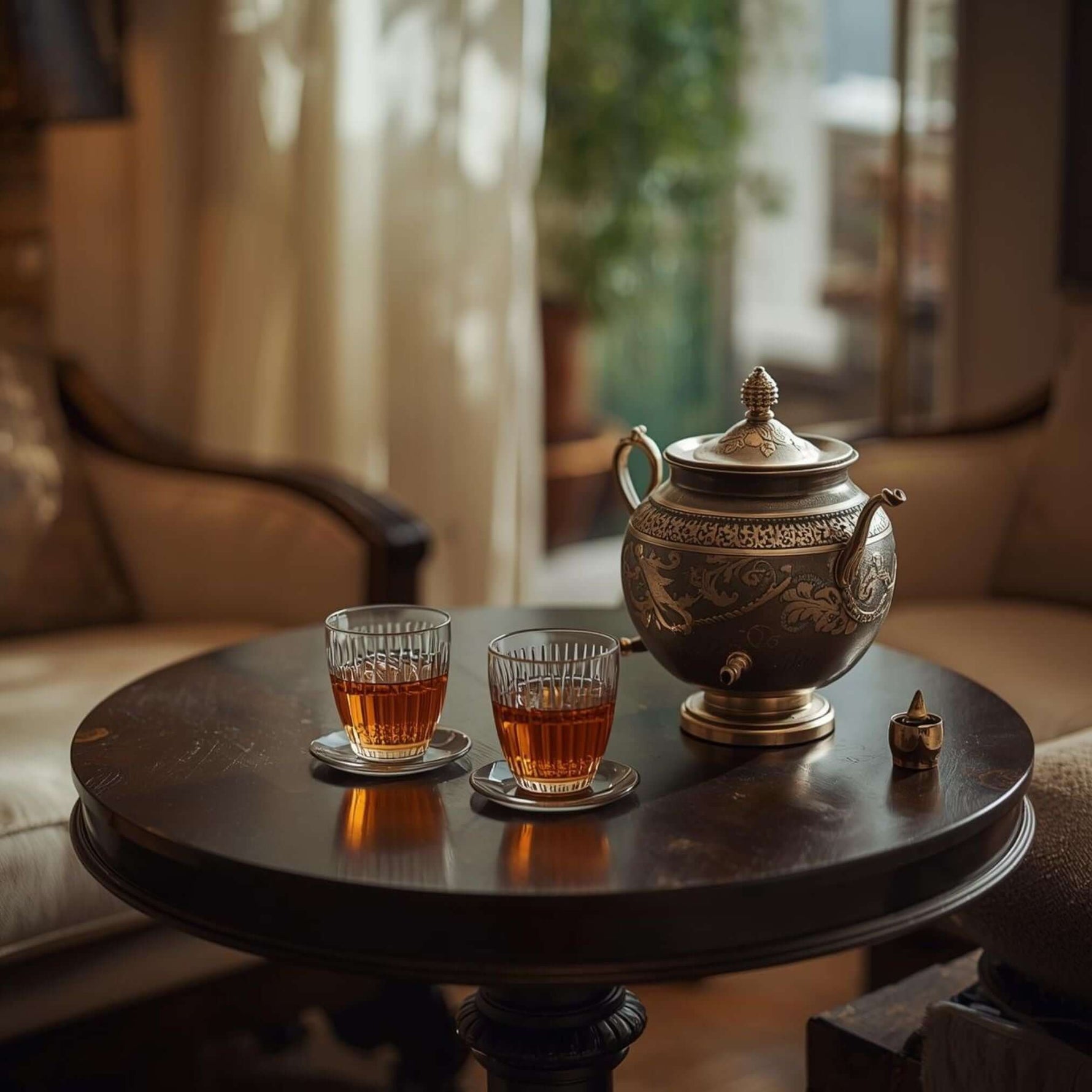 Zwei Gläser mit Zitronenmelisse neben einem Samowar auf einem Holztisch.
