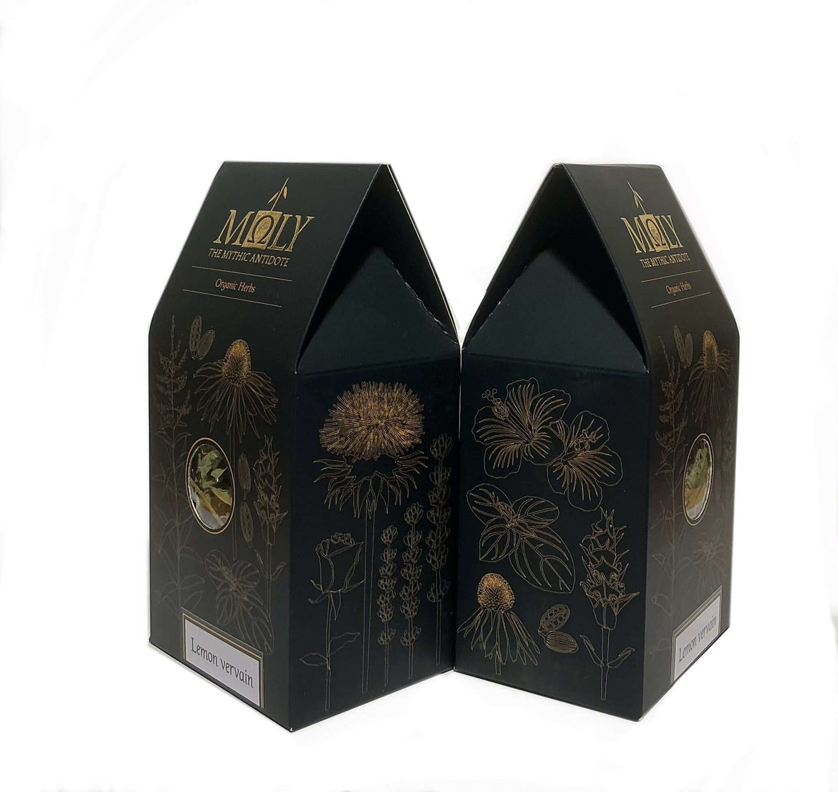 Zwei schwarze Verpackungen mit Zitronenverbene in der Seitenansicht. 