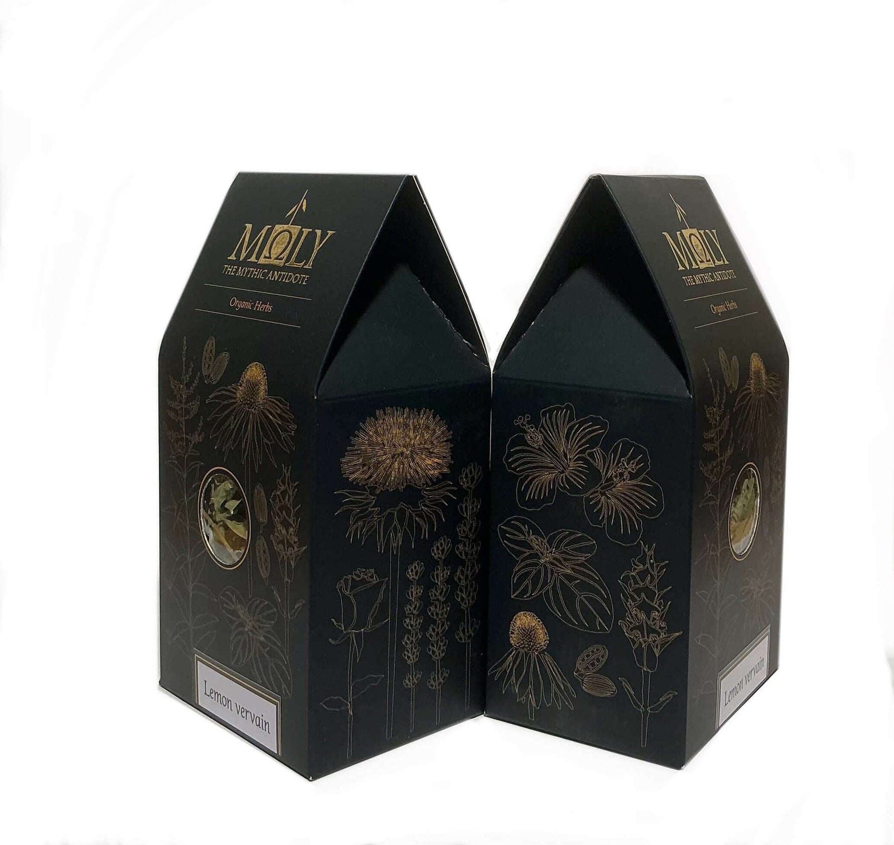 Zwei schwarze Verpackungen mit Zitronenverbene in der Seitenansicht. 