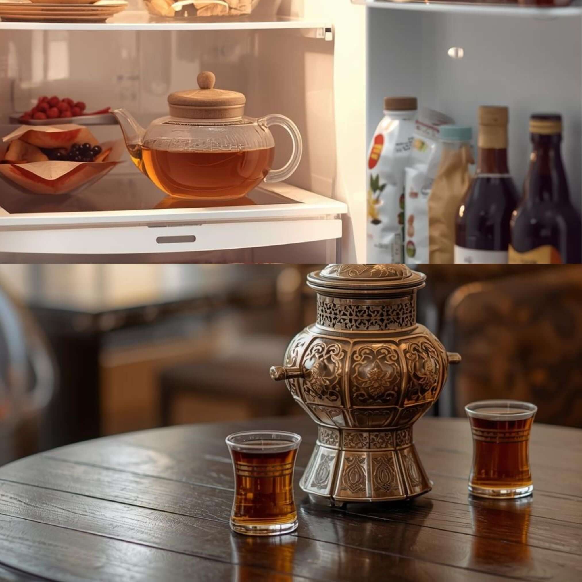 Oben: Zitronenmelisse als Kaltaufguss in einer Teekanne im Kühlschrank. Unten: Samowar mit zwei Teegläser mit Zitronenmelisse auf einem Tisch