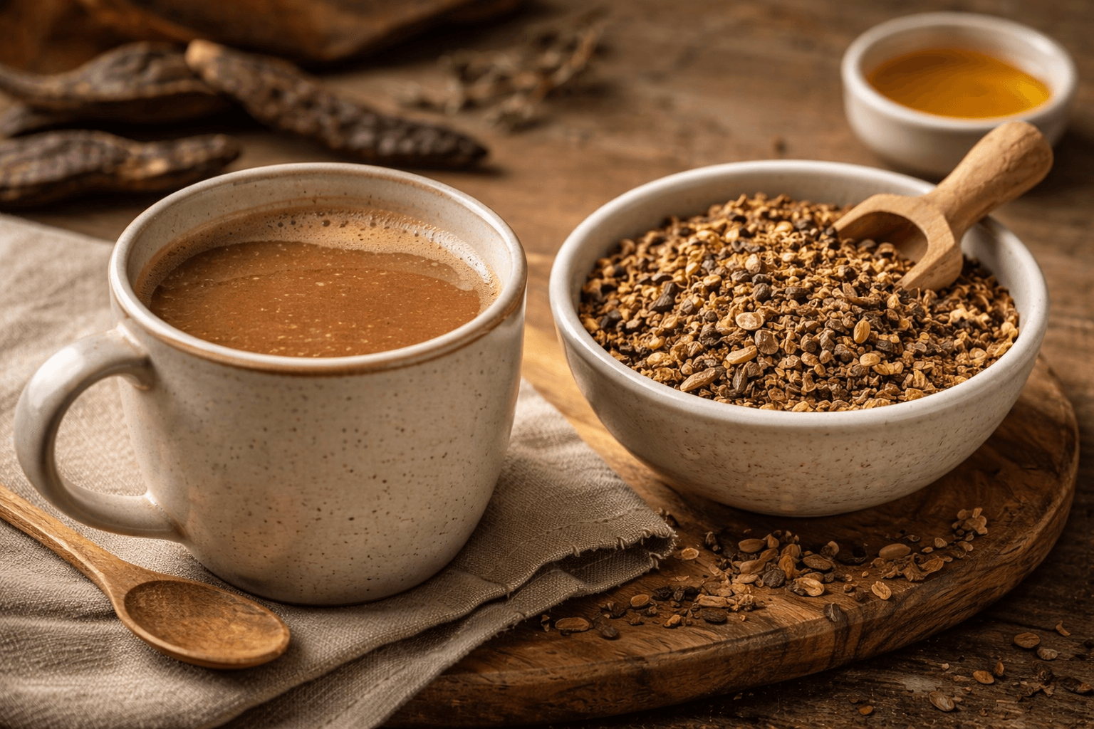 Johannisbrot in einer Schüssel mit Löffel und einer Tasse mit noch ungelöstem Carob.