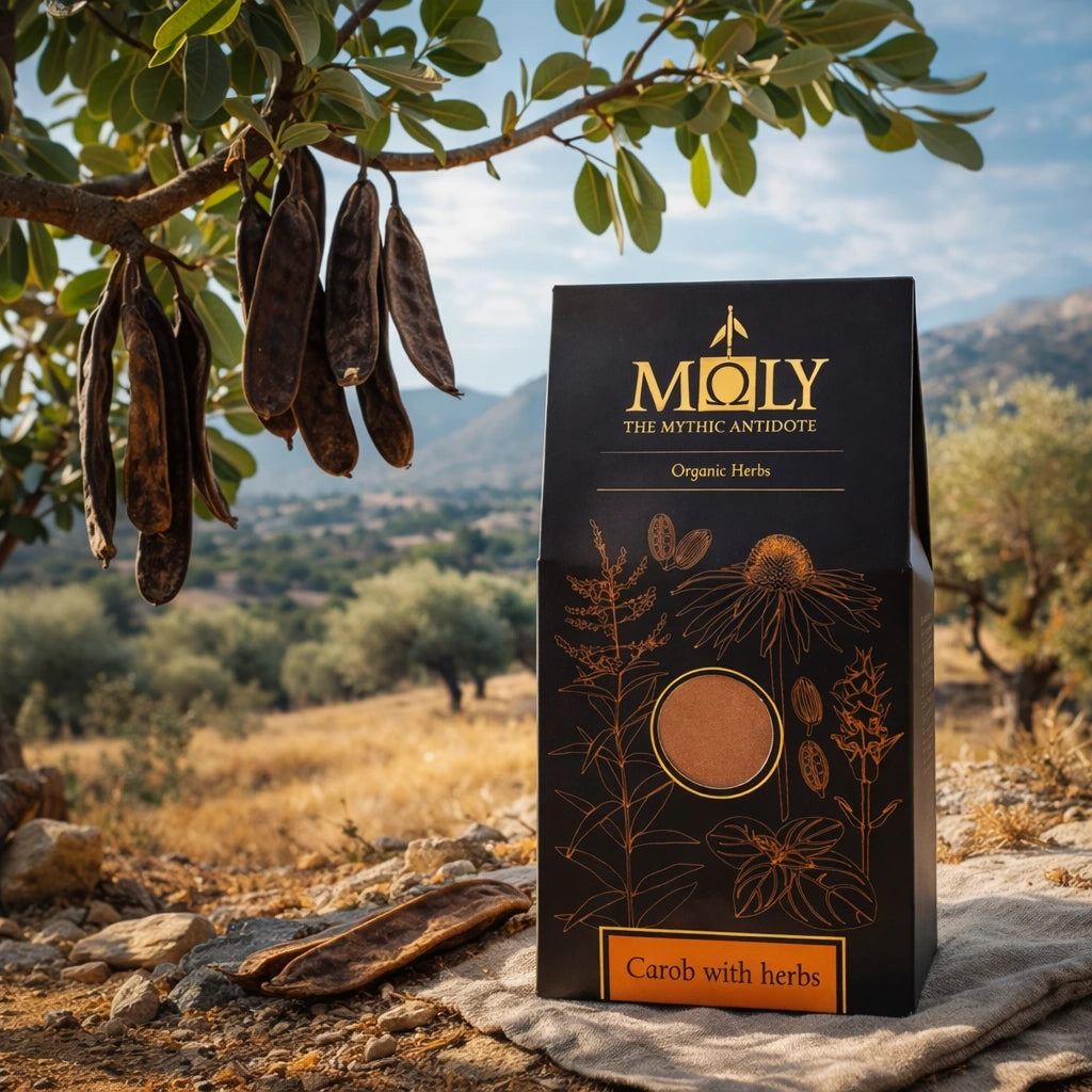 Eine schwarze Verpackung mit Johannisbrot, dem Kräuter zugesetzt sind. Im Hintergrund ist eine griechische Berglandschaft erkennbar. 