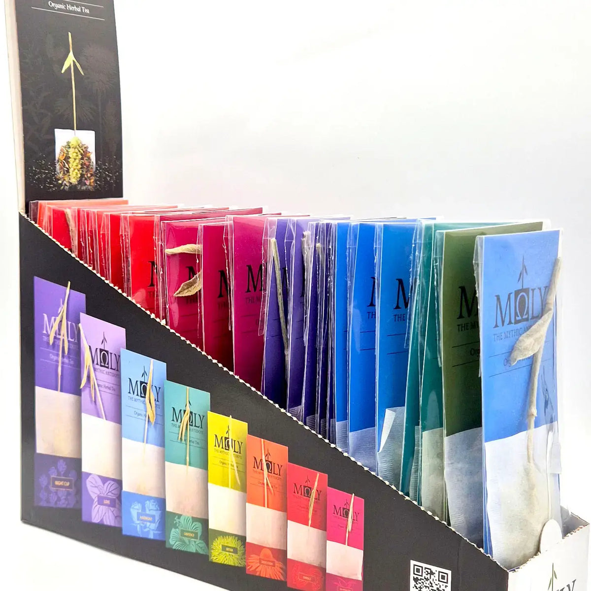 Verkaufsansicht der geöffneten Moly Display Box mit den 32 Einzelkräutertees