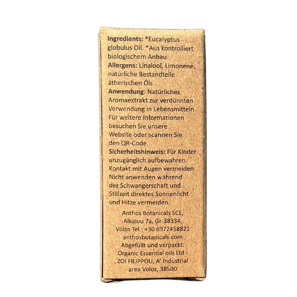 Rückseitenansicht der Kraftverpackung des ätherischen Pfefferminzöls von Anthos Botanicals.