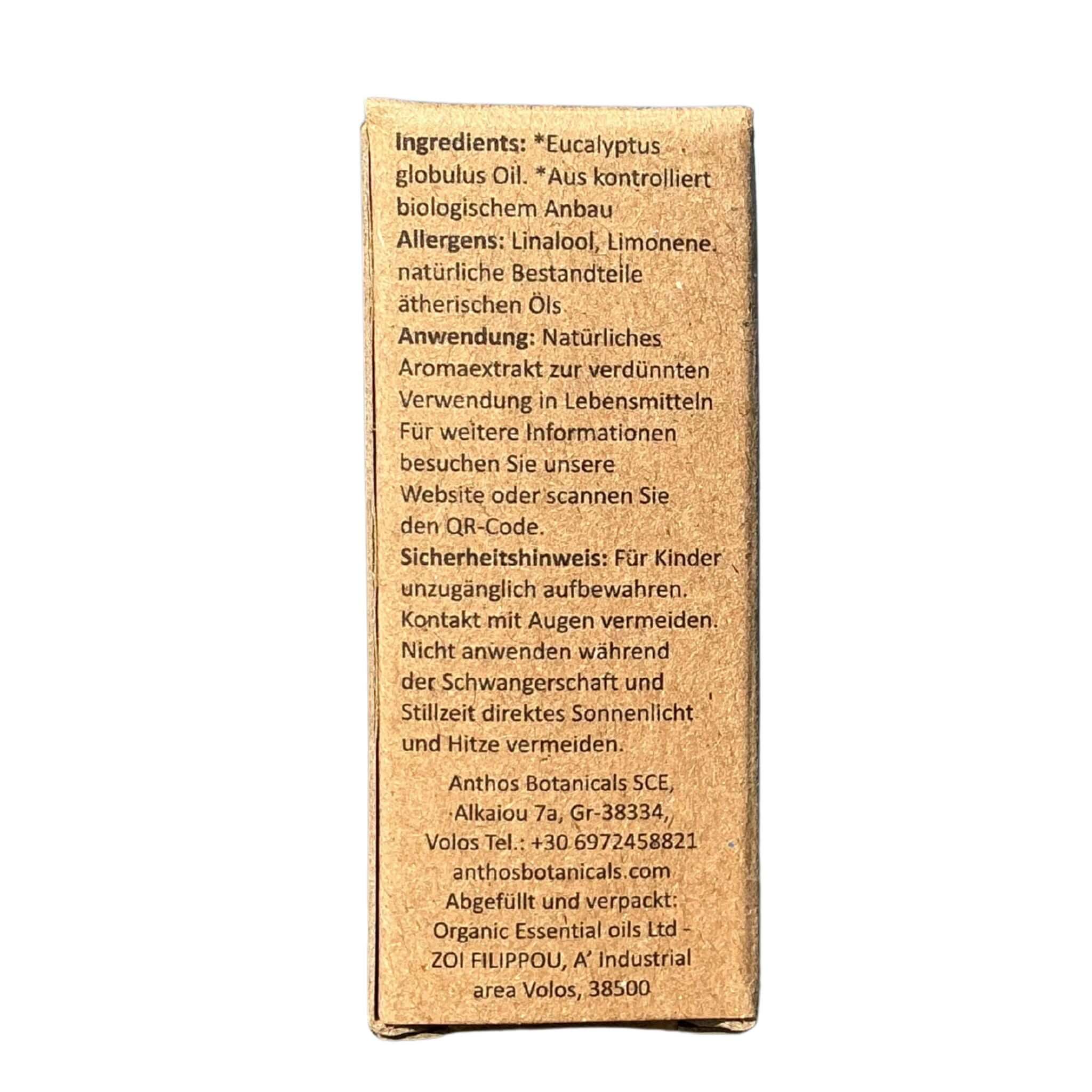 Rückseitenansicht der Kraftverpackung des ätherischen Pfefferminzöls von Anthos Botanicals.